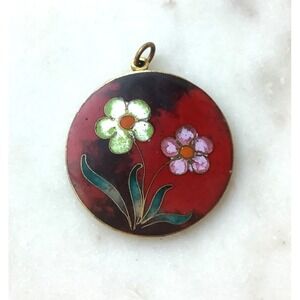 Vintage Cloisonne Round Flower Charm Red Pink White Large Pendant